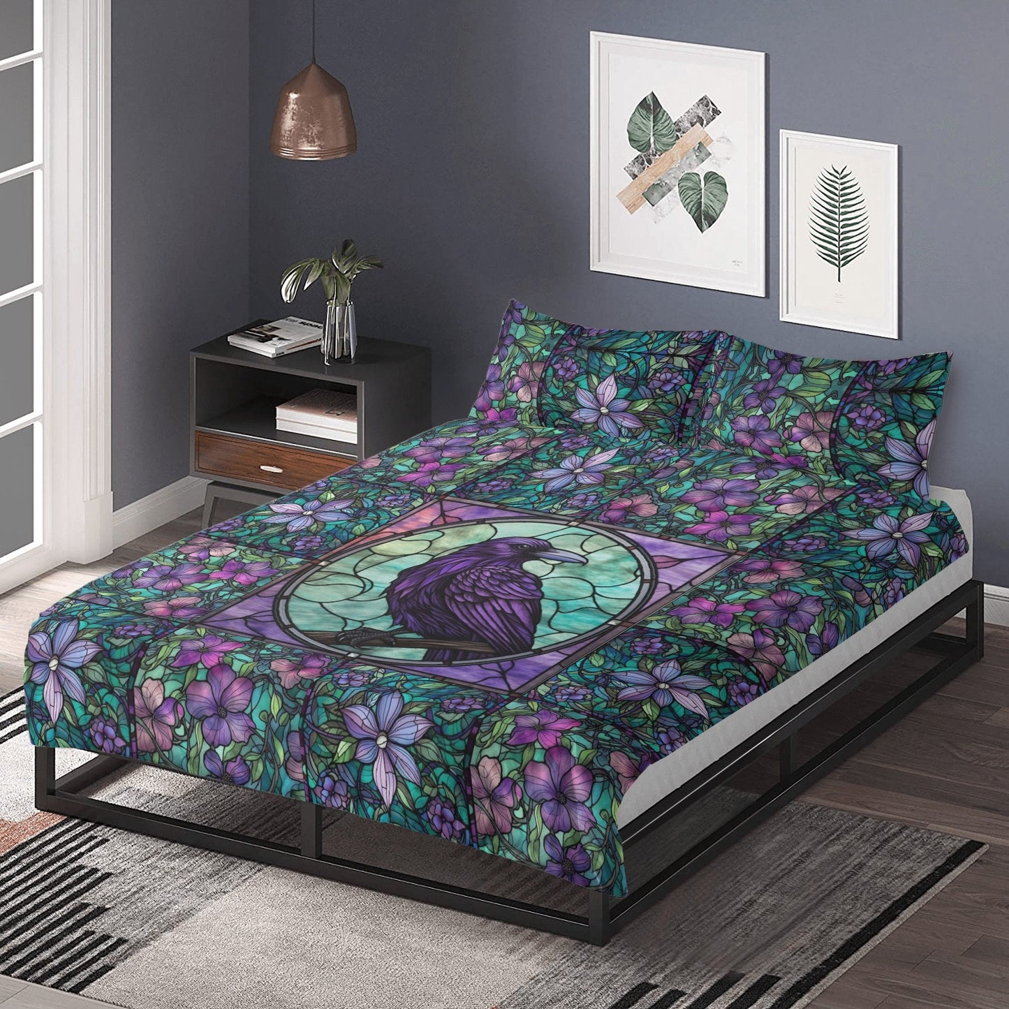 Purple Stained Glass, Moth Raven Bedding Set For Hippies