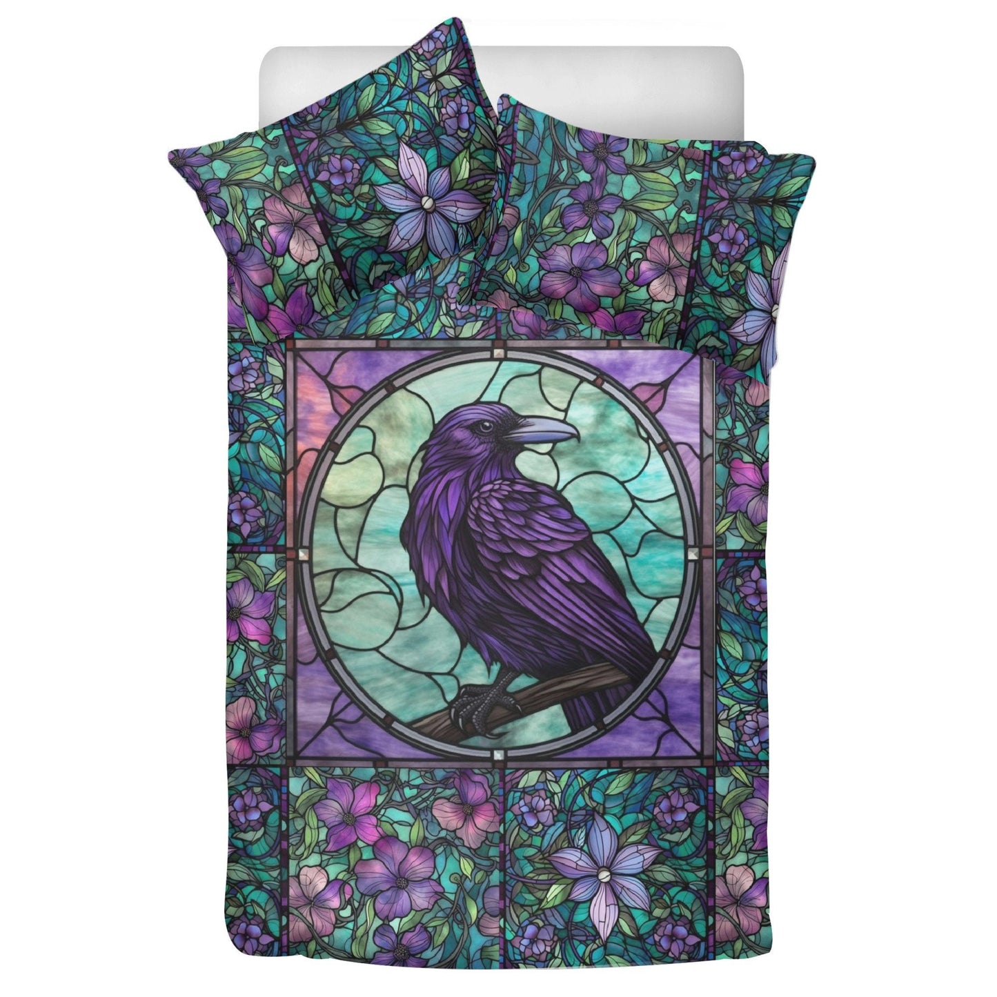 Purple Stained Glass, Moth Raven Bedding Set For Hippies