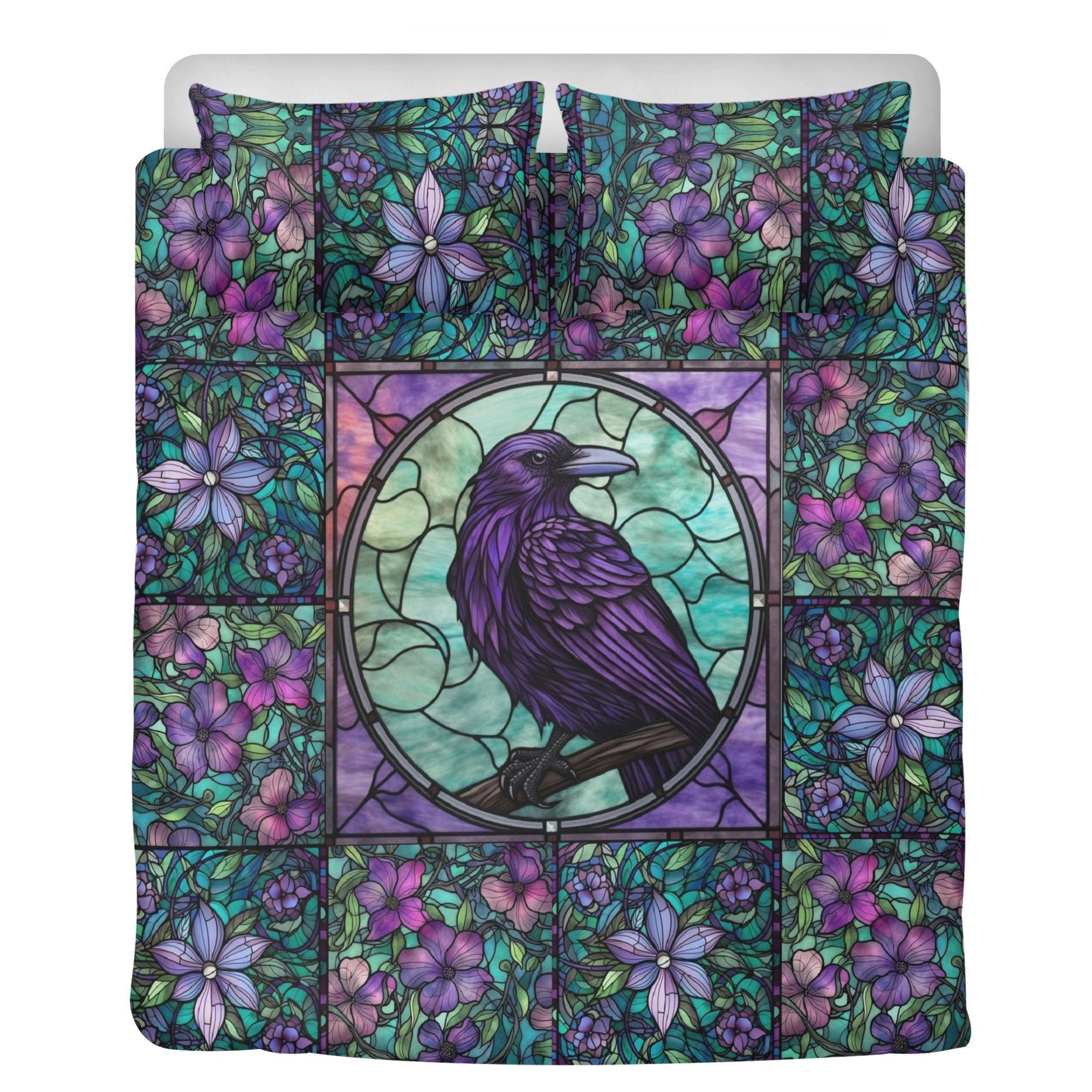 Purple Stained Glass, Moth Raven Bedding Set For Hippies