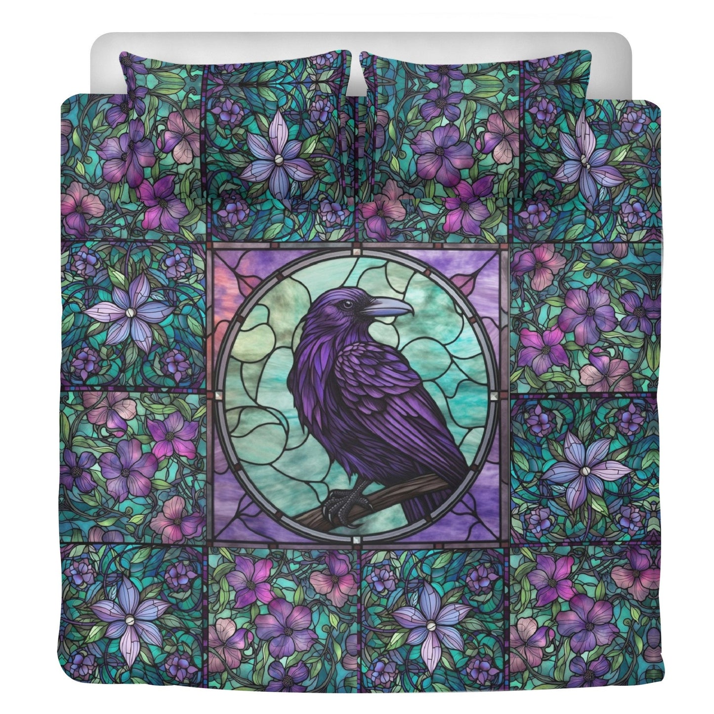 Purple Stained Glass, Moth Raven Bedding Set For Hippies