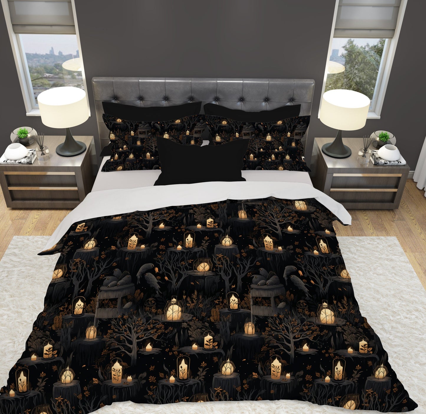 Emerald Blossoms - Ravenous Woods Witchy, Occult Halloween Wiccan Bedding Set For Hippies