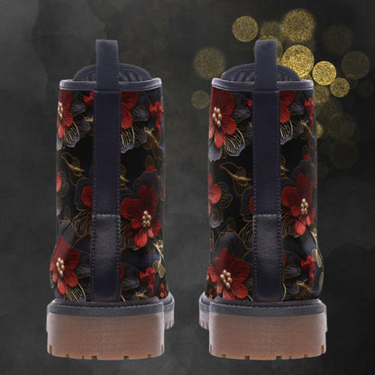 Emerald Blossoms - Red Blossom Flowers Light Vegan Leather Combat Boots For Hippies