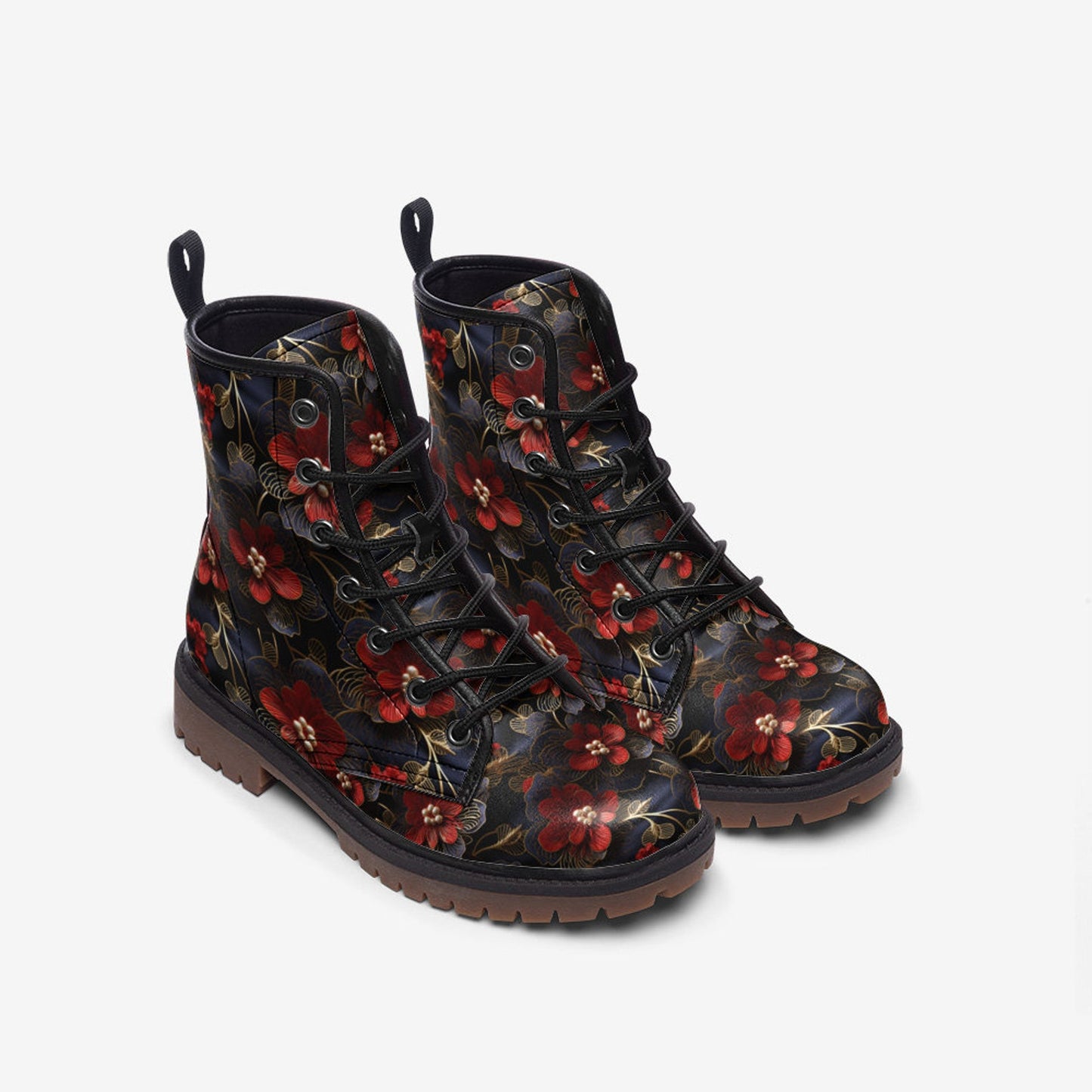 Emerald Blossoms - Red Blossom Flowers Light Vegan Leather Combat Boots For Hippies