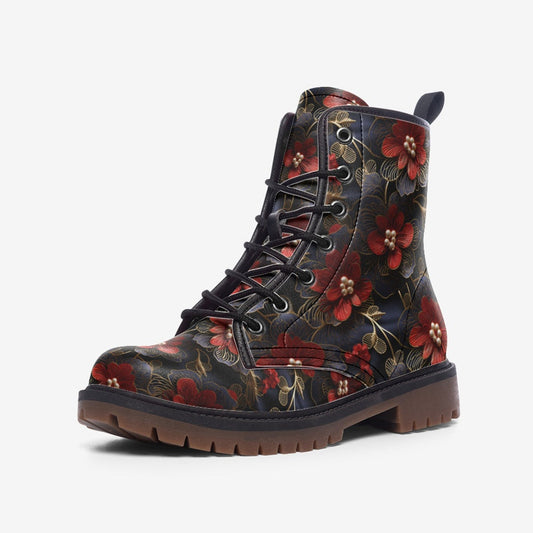 Emerald Blossoms - Red Blossom Flowers Light Vegan Leather Combat Boots For Hippies