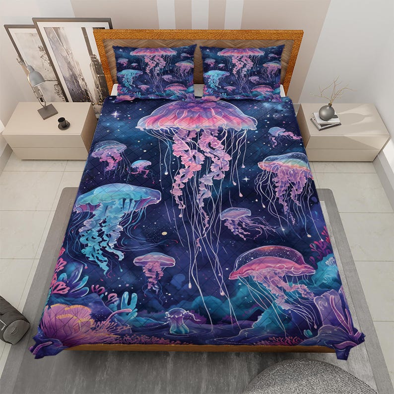 Retro Jellyfish Christmas Quilt Bedding Set For Hippies