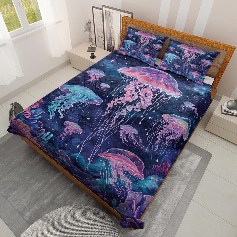 Emerald Blossoms - Retro Jellyfish Christmas Quilt Bedding Set For Hippies