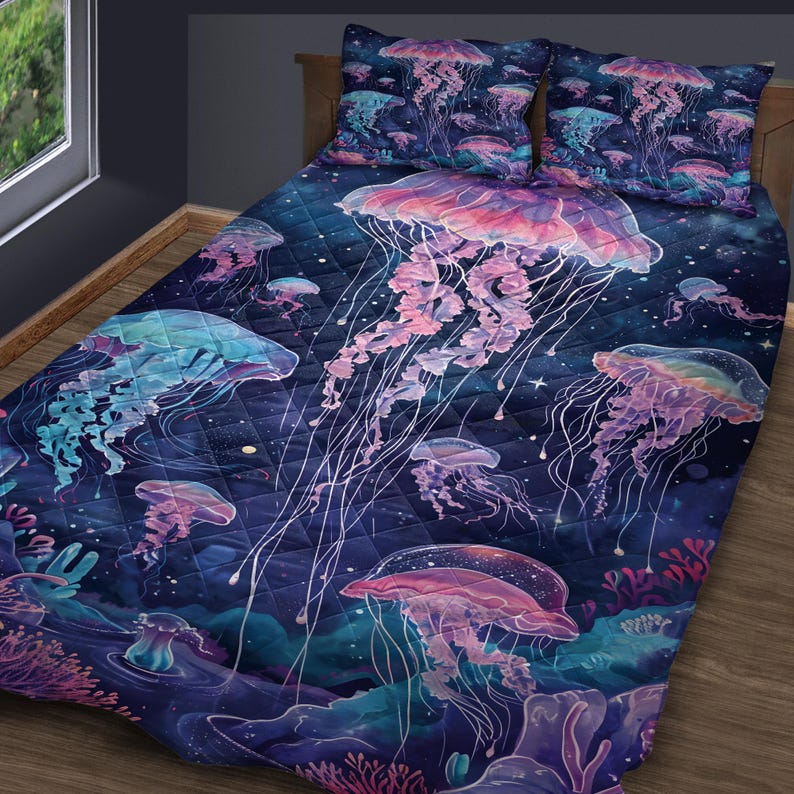 Emerald Blossoms - Retro Jellyfish Christmas Quilt Bedding Set For Hippies