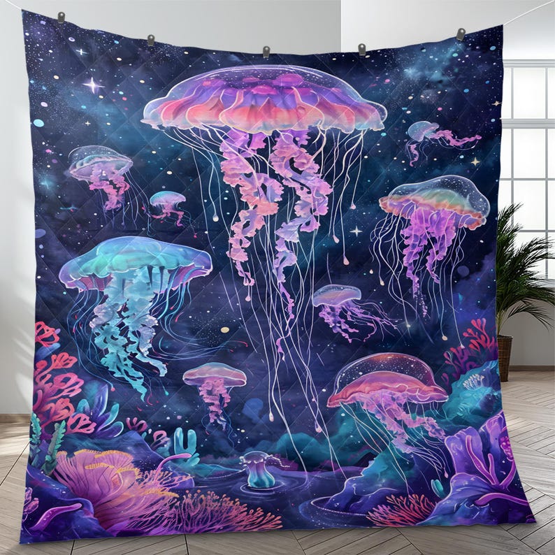 Emerald Blossoms - Retro Jellyfish Christmas Quilt Bedding Set For Hippies