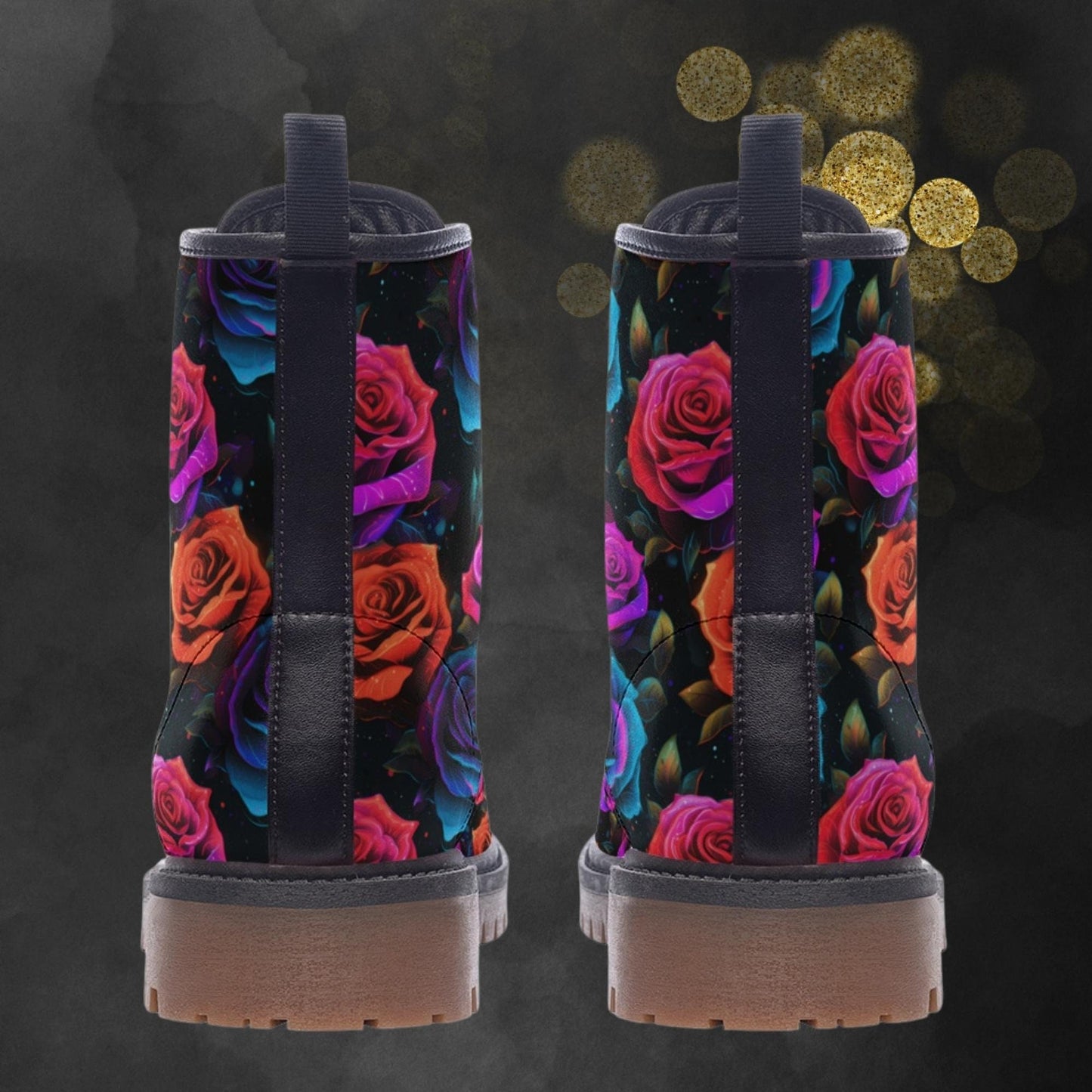 Emerald Blossoms - Rose Garden Leather Boots, Floral Roses Spring Summer Fall Winter Light Painted For Hippies