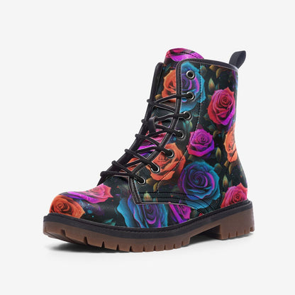 Emerald Blossoms - Rose Garden Leather Boots, Floral Roses Spring Summer Fall Winter Light Painted For Hippies