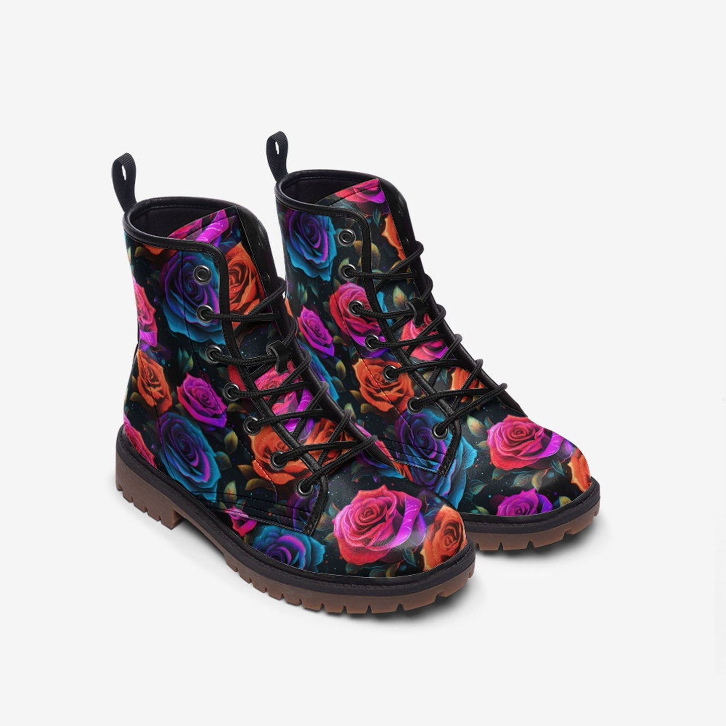 Emerald Blossoms - Rose Garden Leather Boots, Floral Roses Spring Summer Fall Winter Light Painted For Hippies