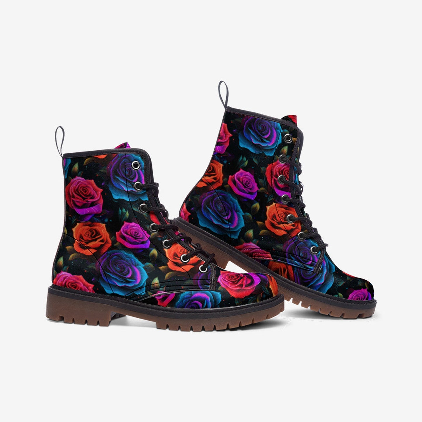 Emerald Blossoms - Rose Garden Leather Boots, Floral Roses Spring Summer Fall Winter Light Painted For Hippies