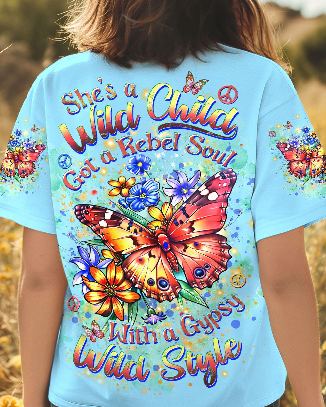 Emerald Blossoms - She Is a Wild Child Butterfly All Over Print Shirt For Hippies