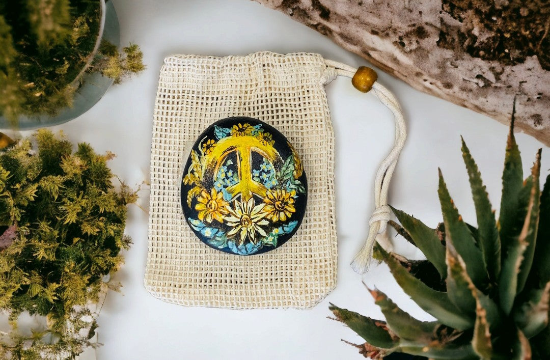 Emerald Blossoms –  Hand - painted sunflowers combined with peace, love symboon rock