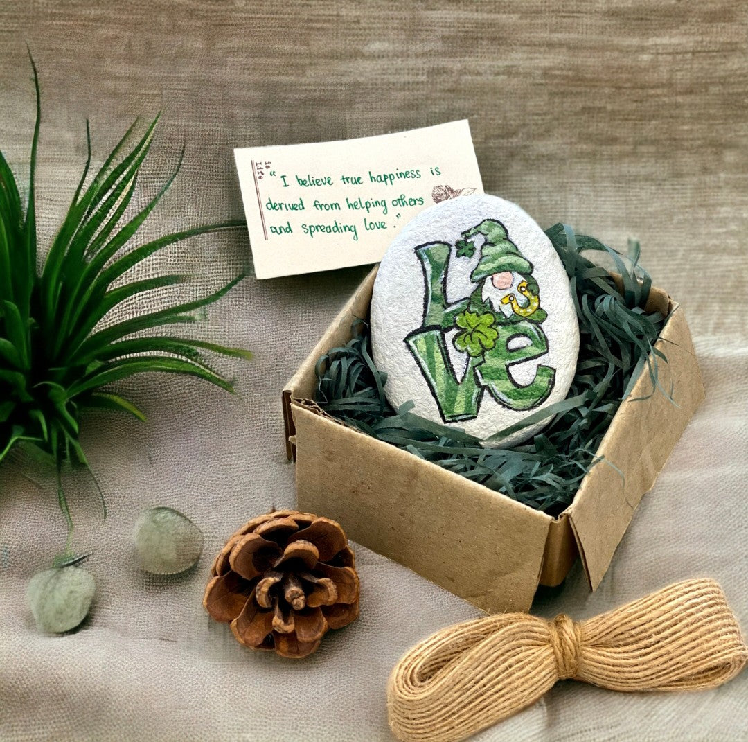 Emerald Blossoms - A cute Gnome hand-painted on rock