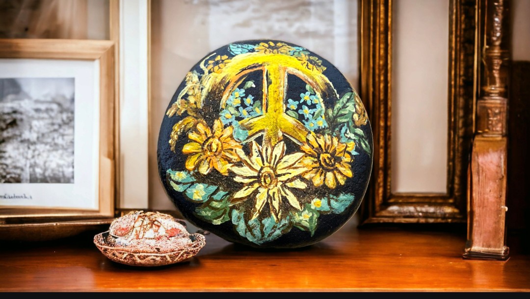 Emerald Blossoms –  Hand - painted sunflowers combined with peace, love symboon rock