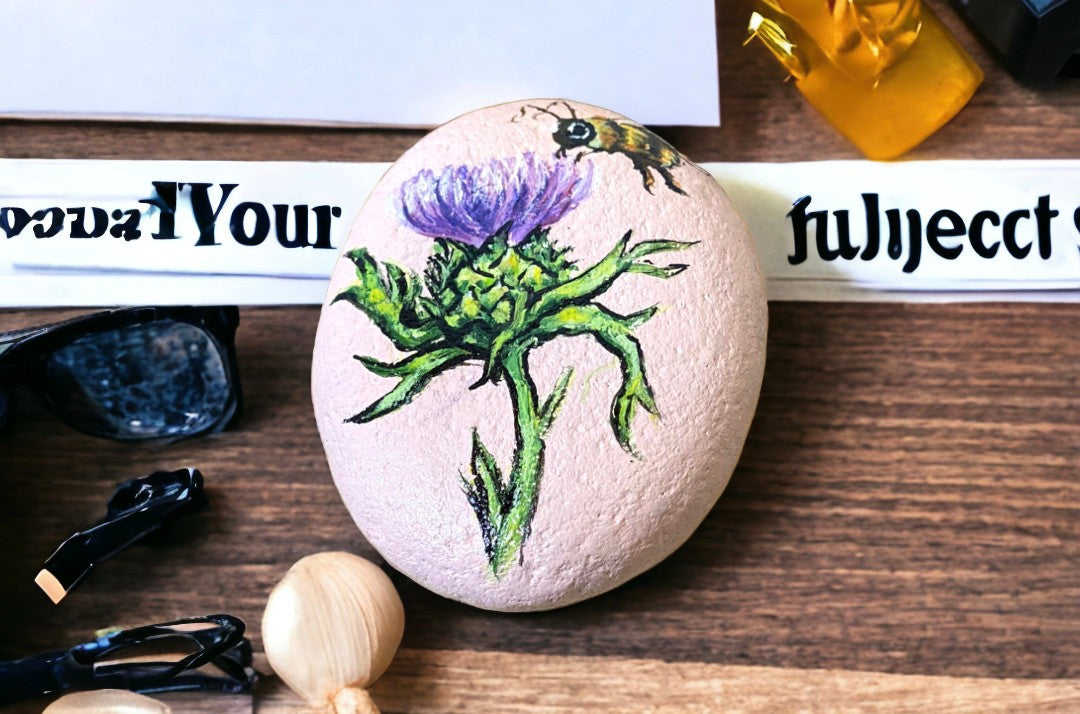 Emerald Blossoms - Scotland&#39;s Thistle symbol and a bee hand painted on rock
