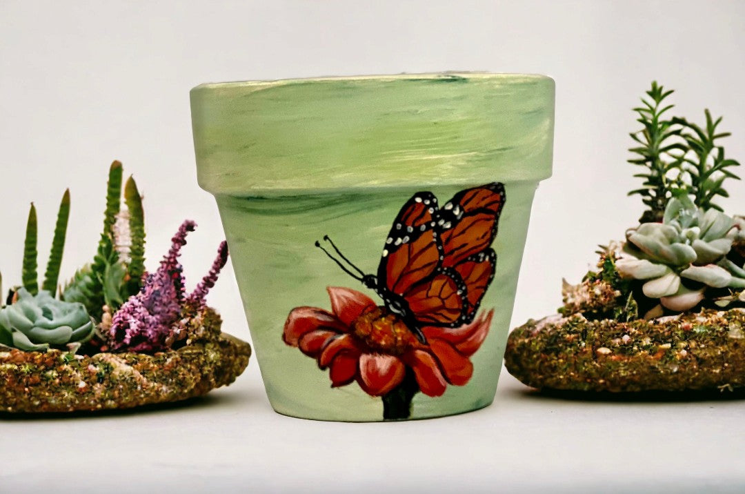 Emerald Blossoms - Handpainted butterfly on a poppy flower terracotta pots