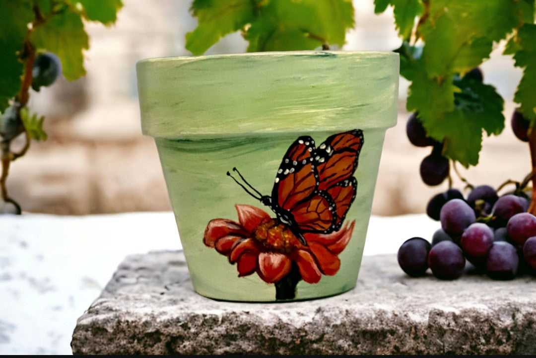 Emerald Blossoms - Handpainted butterfly on a poppy flower terracotta pots