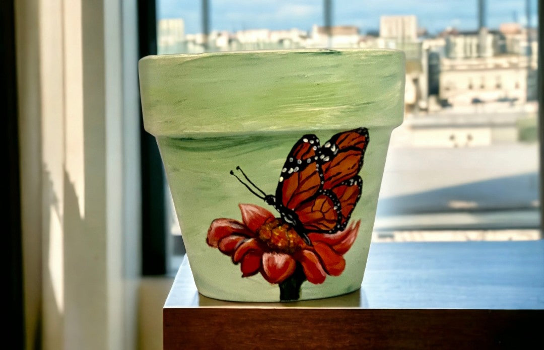 Emerald Blossoms - Handpainted butterfly on a poppy flower terracotta pots