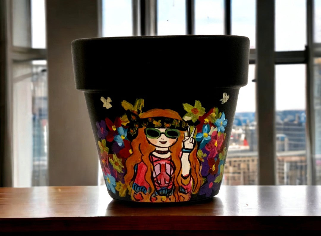 Emerald Blossoms - A cool girl with the hippies’s style combined a striking black and sunflowers background hand-painted on terracotta pots
