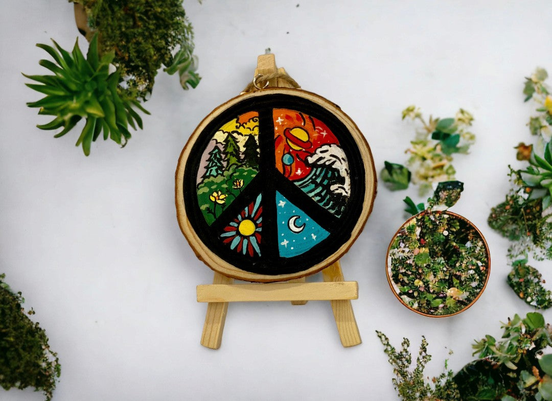 Emerald Blossoms - Peace sign and Four seasons combined flowers, trees; waves; sun and moon painted on a wood slice