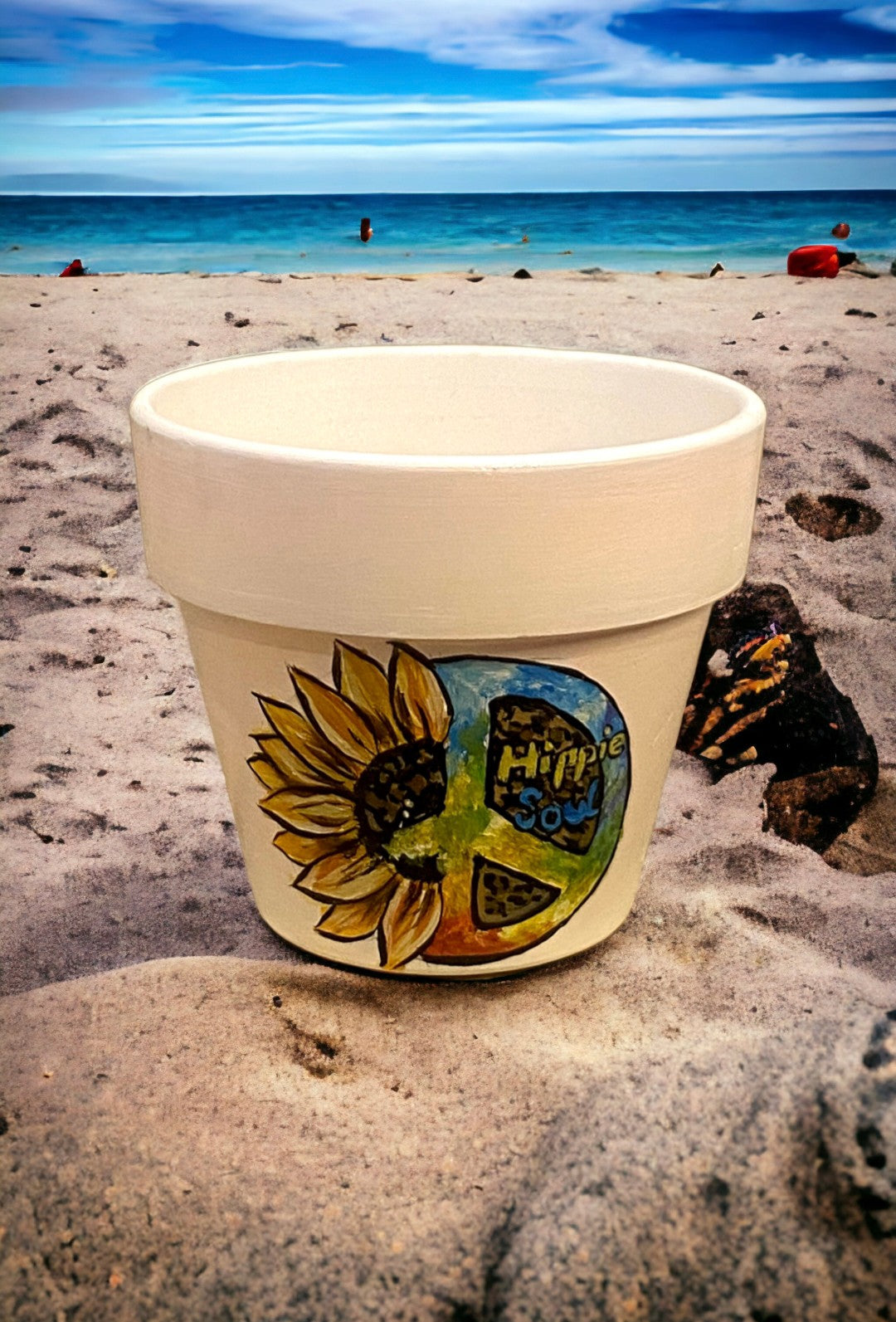 Emerald Blossoms - &quot;Hippie Soul&quot; sunflowers combined with the hippie&#39;s peace symbol and rainbow background on hand-painted terracotta pots