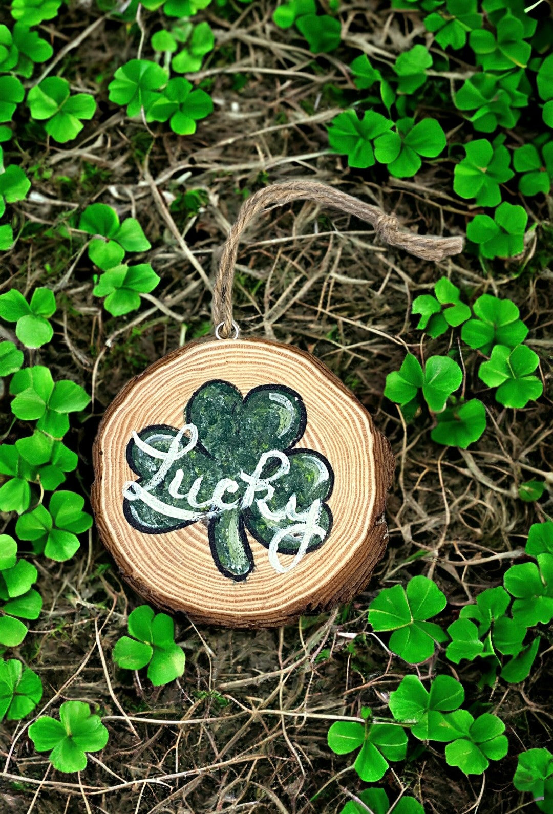 Emerald Blossoms - Lucky shamrock hand-painted on wood slice