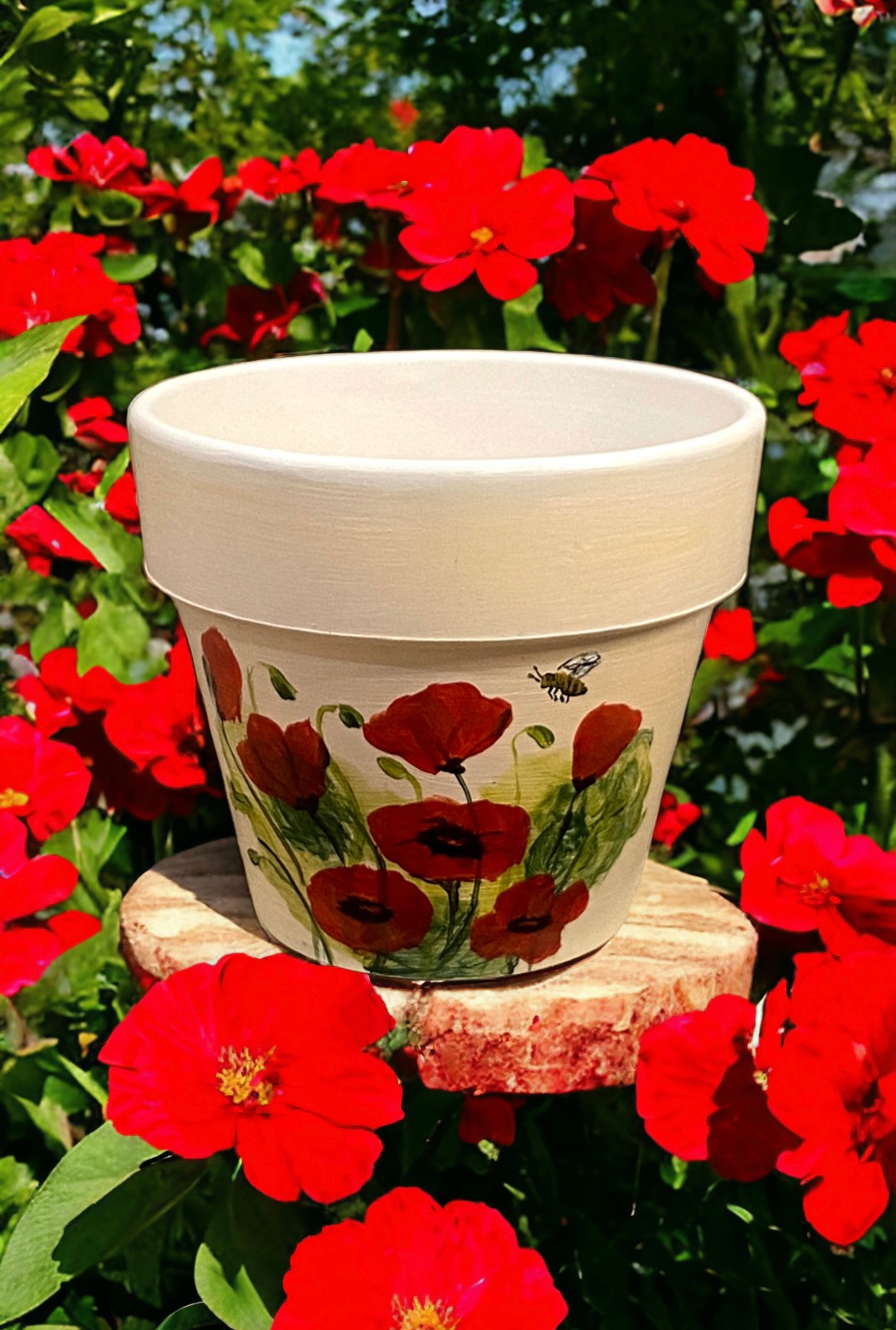 Emerald Blossoms - Handpainted Poppy flowers and Bees on Terracotta Pots