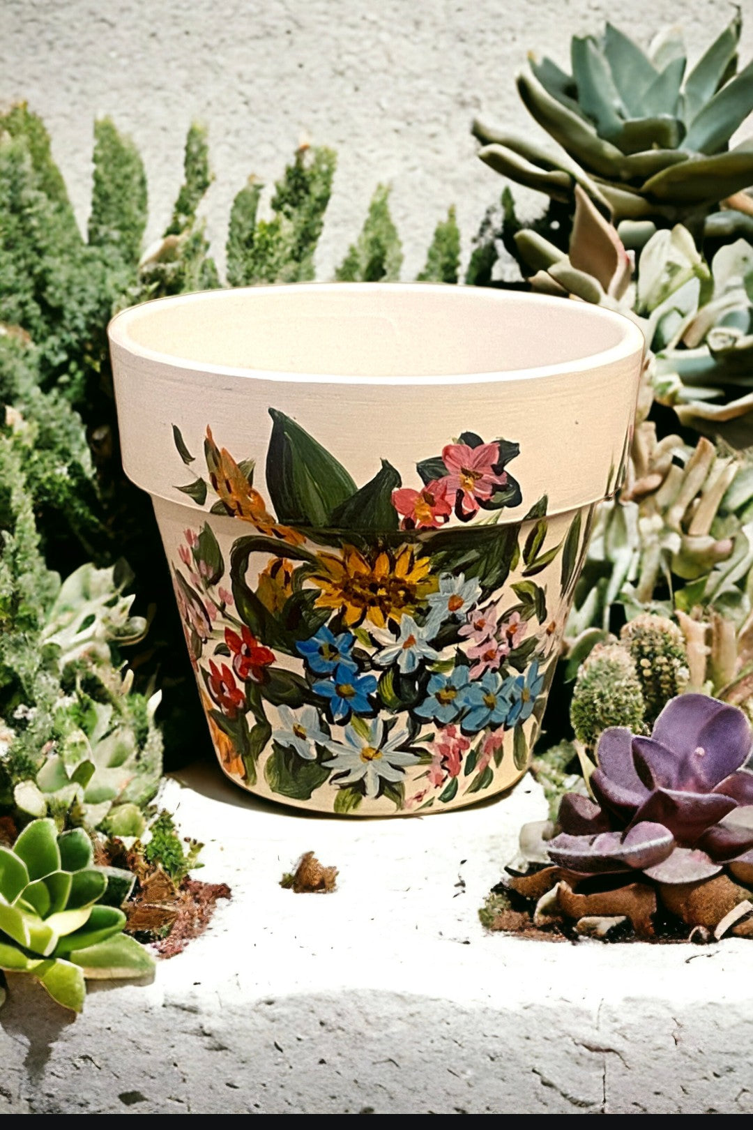 Emerald Blossoms - Handpainted blooming flowers terracotta pots