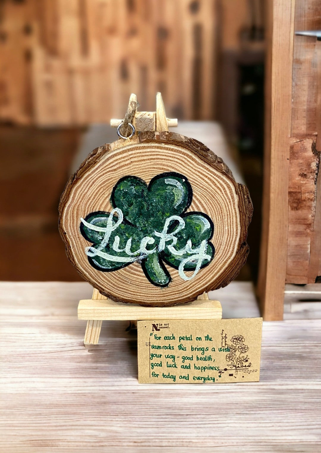Emerald Blossoms - Lucky shamrock hand-painted on wood slice