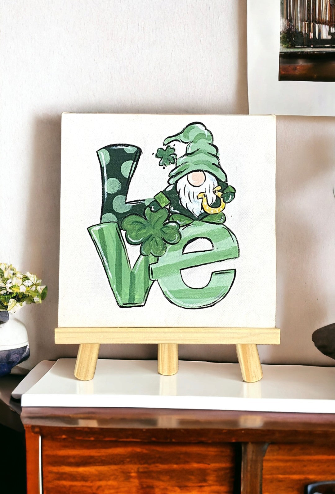 Emerald Blossoms - A cute Gnome canvas is hand-painted