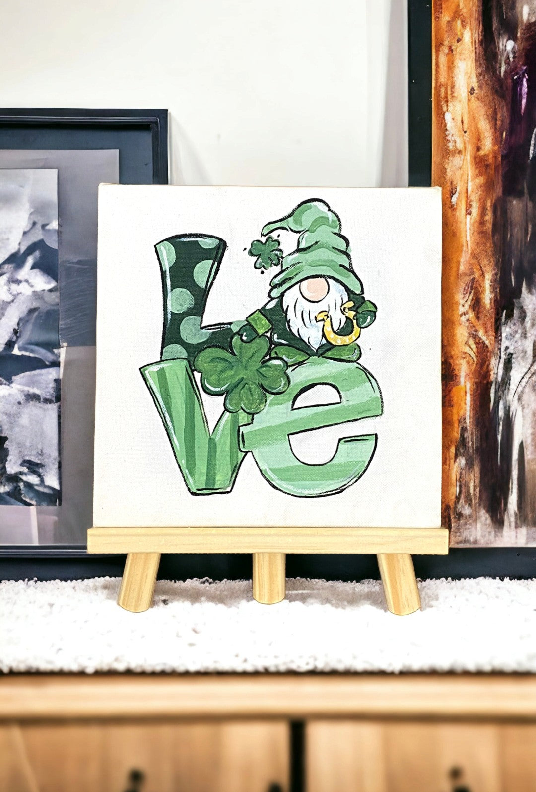 Emerald Blossoms - A cute Gnome canvas is hand-painted