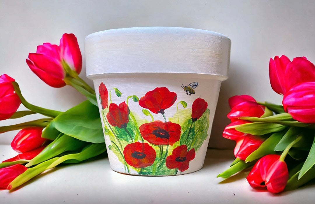 Emerald Blossoms - Handpainted Poppy flowers and Bees on Terracotta Pots