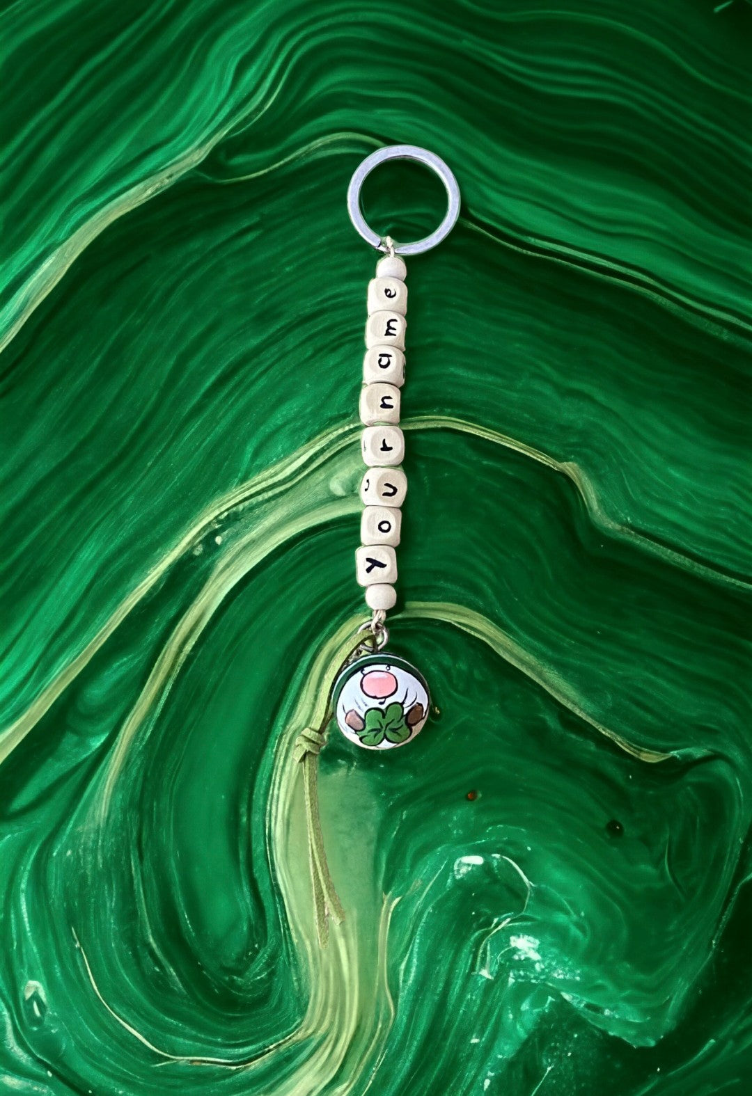 Emerald Blossoms - Creative wood bead keychain with a cute Gnome and personalized text