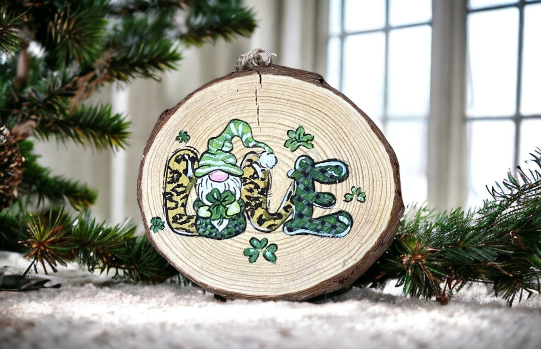 Emerald Blossoms - Painted wood slice with a Gnome holding a lucky four leaf clovers