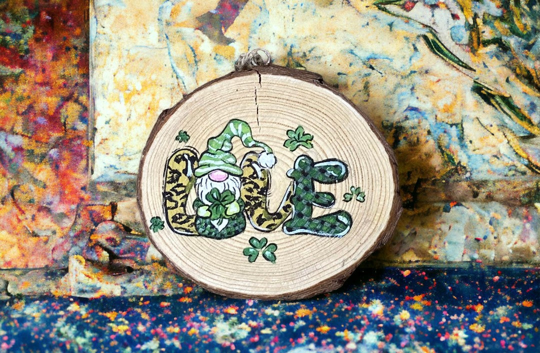 Emerald Blossoms - Painted wood slice with a Gnome holding a lucky four leaf clovers