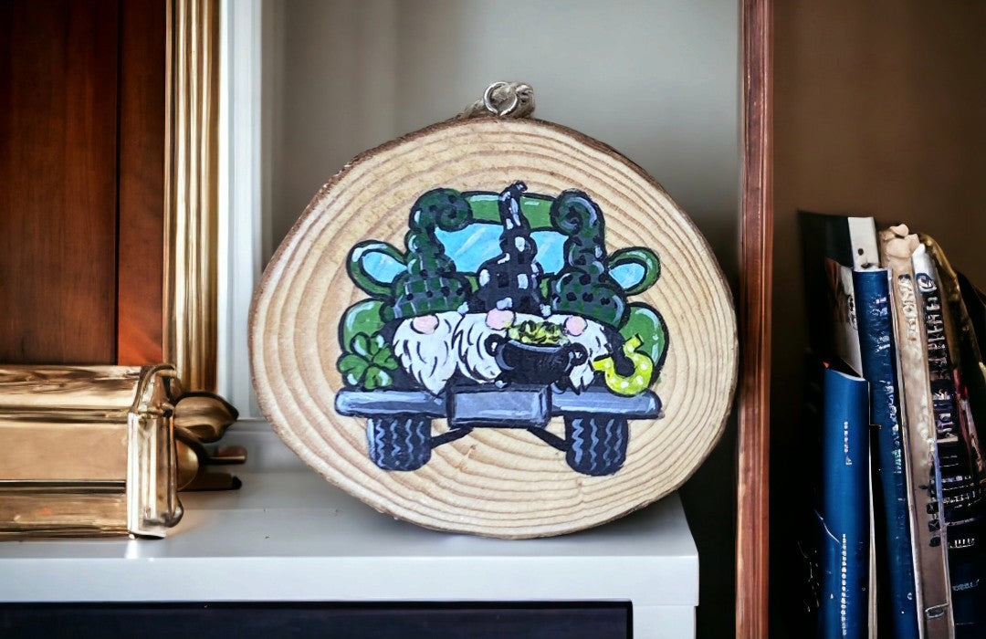Emerald Blossoms - Hand-painted wood slice with the cute Gnomies driving a car
