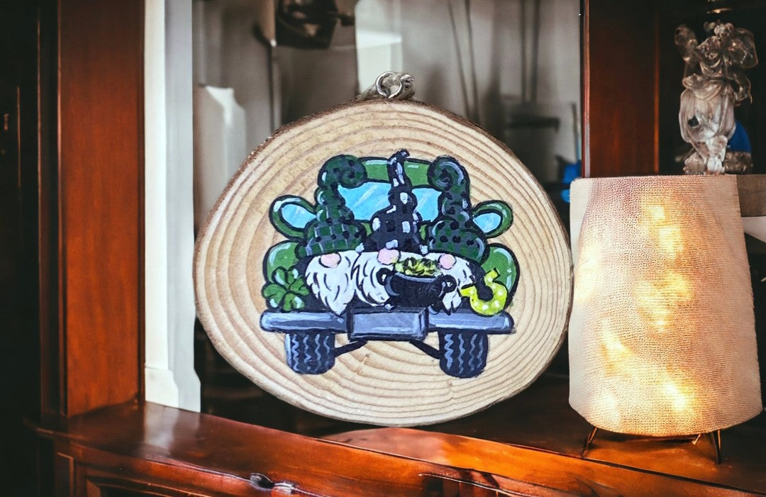 Emerald Blossoms - Hand-painted wood slice with the cute Gnomies driving a car