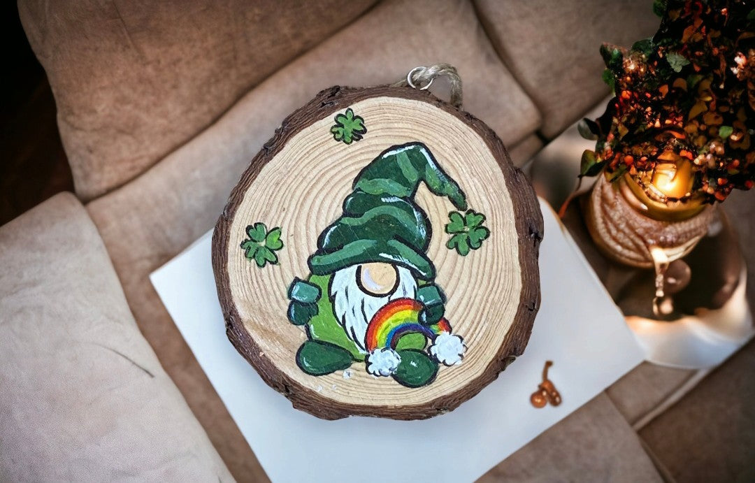 Emerald Blossoms - Painted wood slice with a Gnome holding a rainbow