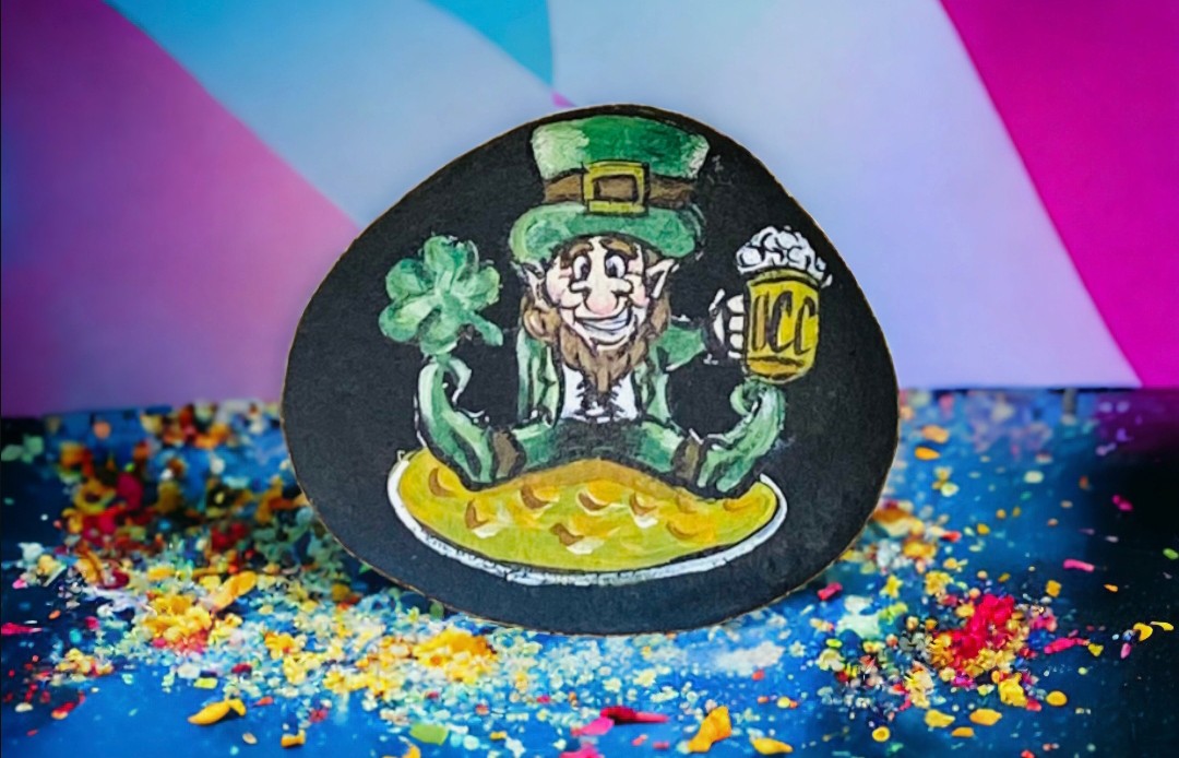 Emerald Blossoms - A hand-painted rock with a funny Gnome hold a beer and a lucky shamrock