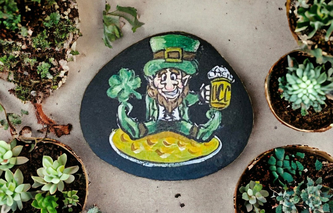 Emerald Blossoms - A hand-painted rock with a funny Gnome hold a beer and a lucky shamrock