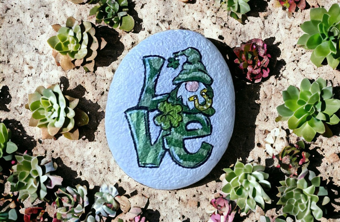 Emerald Blossoms - A cute Gnome hand-painted on rock