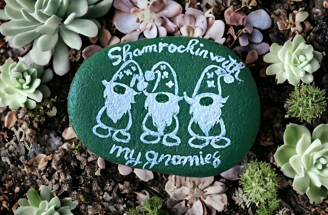 Emerald Blossoms - Hand-painted “ Shamrock With My Gnomies” on emerald rock