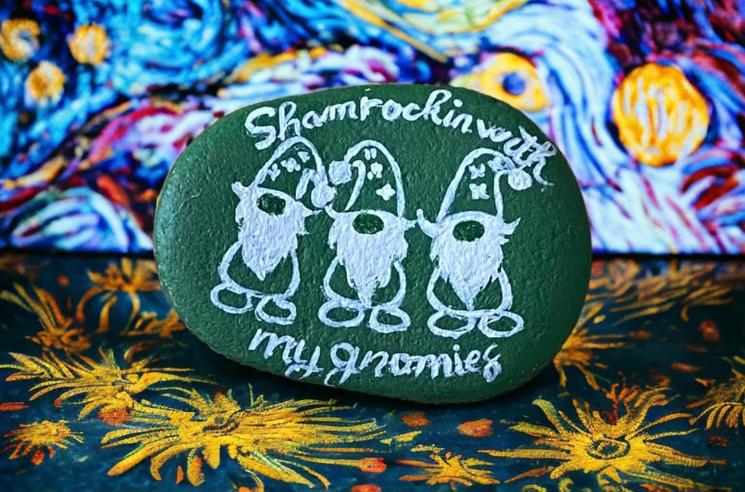 Emerald Blossoms - Hand-painted “ Shamrock With My Gnomies” on emerald rock