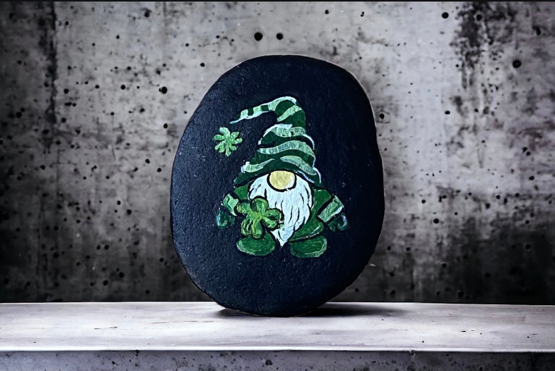 Emerald Blossoms - Hand-painted Rock with a Gnome holding a shamrock