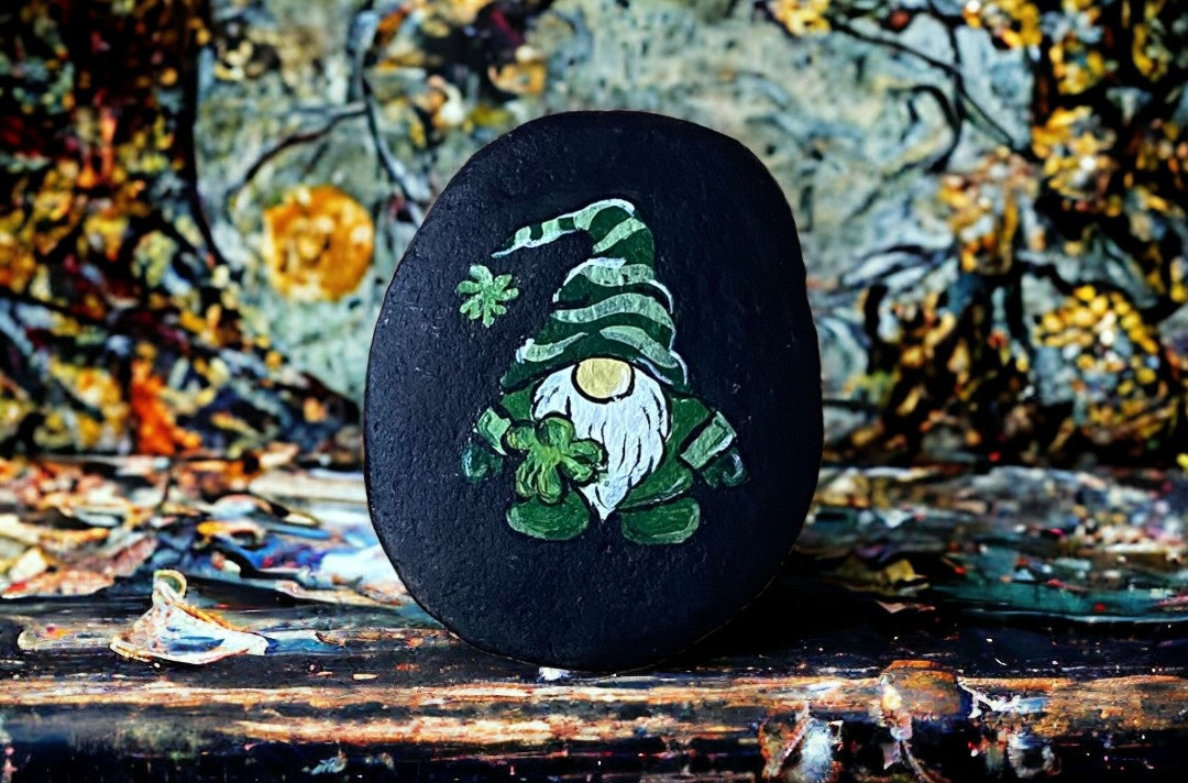 Emerald Blossoms - Hand-painted Rock with a Gnome holding a shamrock