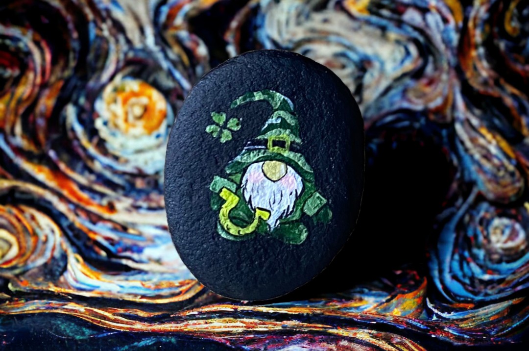 Emerald Blossoms - Hand-painted Rock with Gnome holding a harp
