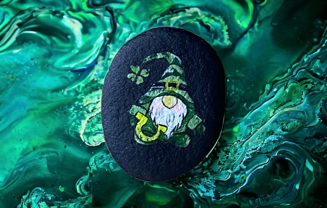 Emerald Blossoms - Hand-painted Rock with Gnome holding a harp