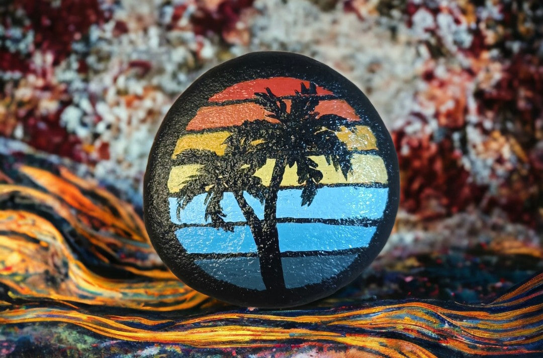 Emerald Blossoms - A palm tree and sunset on the sea with retro color background hand - painted on rocks